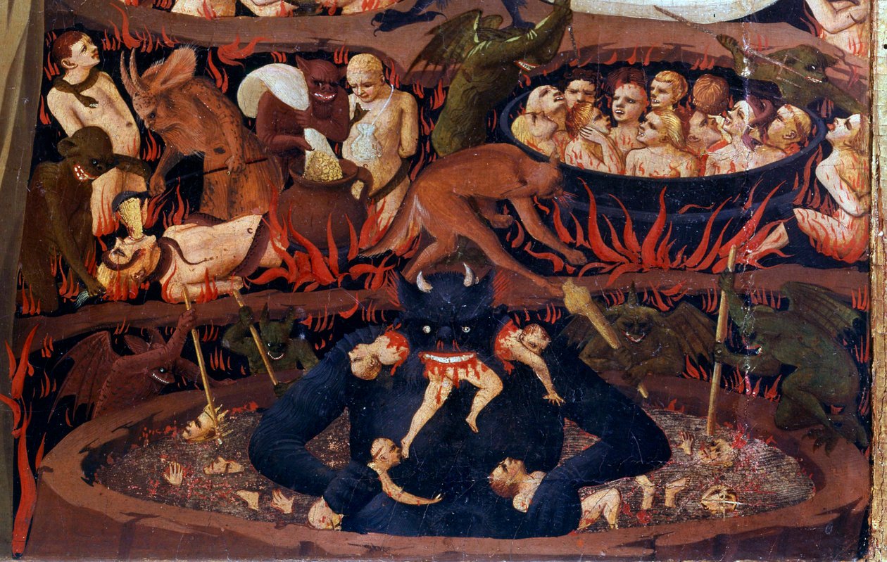 Le Jugement dernier : détail des Enfers. Damnés dans les cercles infernaux, tortures par des démons (détail) - Fra  Angelico