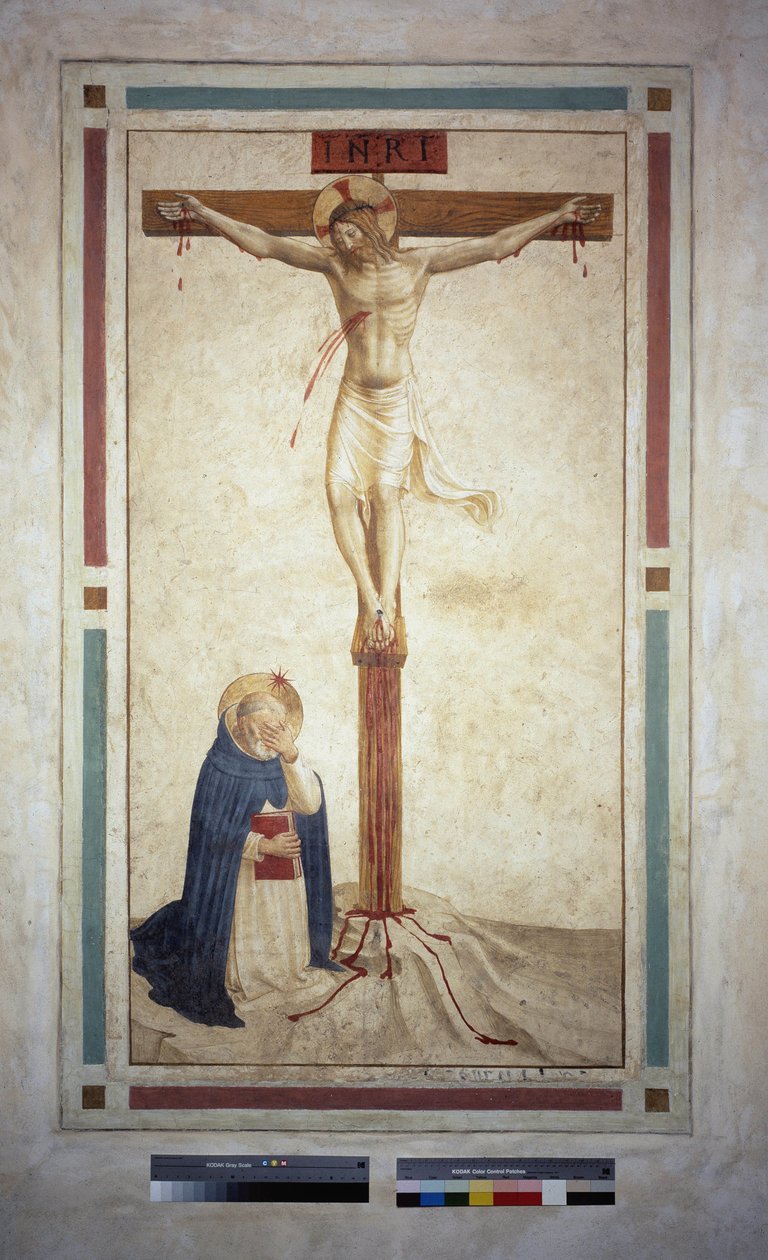 La crucifixion avec Saint Dominique. Inscription "INRI" sur la croix. Fresque de Guido di Pietro - Fra Angelico