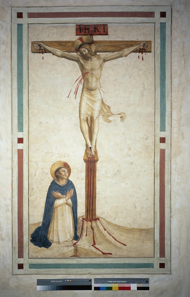 La crucifixion avec Saint Dominique. Inscription "INRI" sur la croix. Fresque de Guido di Pietro - Fra Angelico