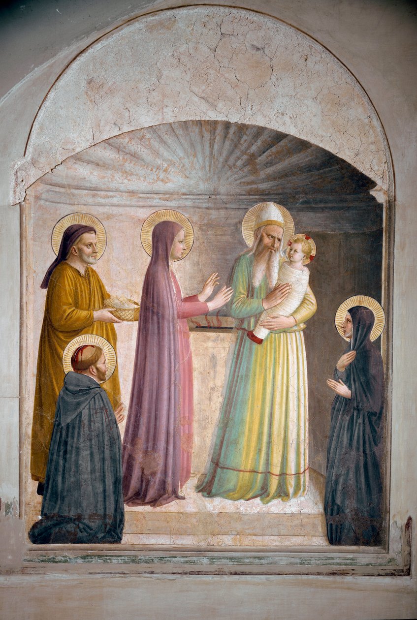 La présentation du Christ au temple. Saint Pierre, martyr, et la nonne dominicaine Villana, observent la scène biblique. Fresque de Guido di Pietro - Fra Angelico