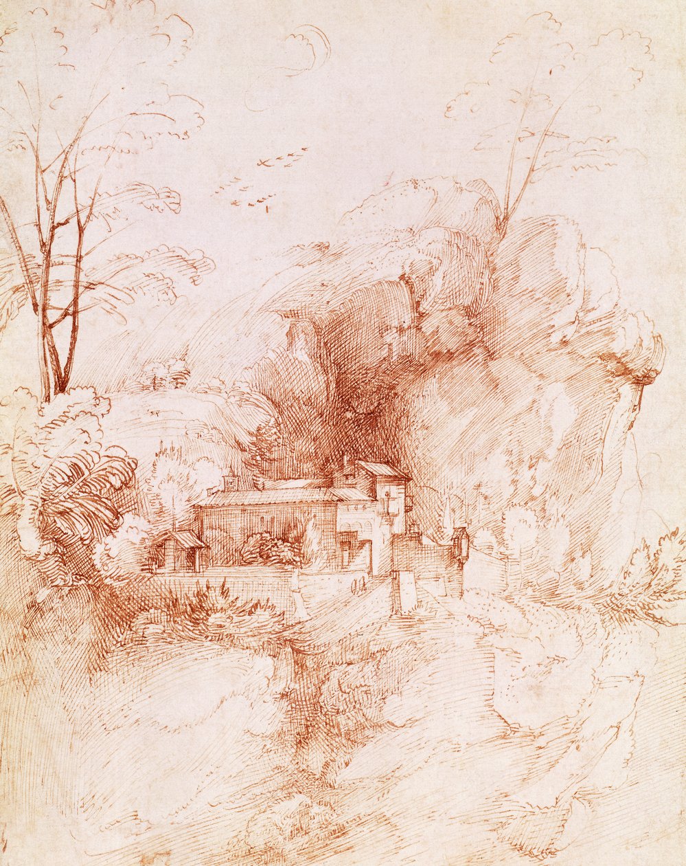 Paysage rocheux avec monastère, dessin par Fra Bartolomeo - Fra Bartolomeo
