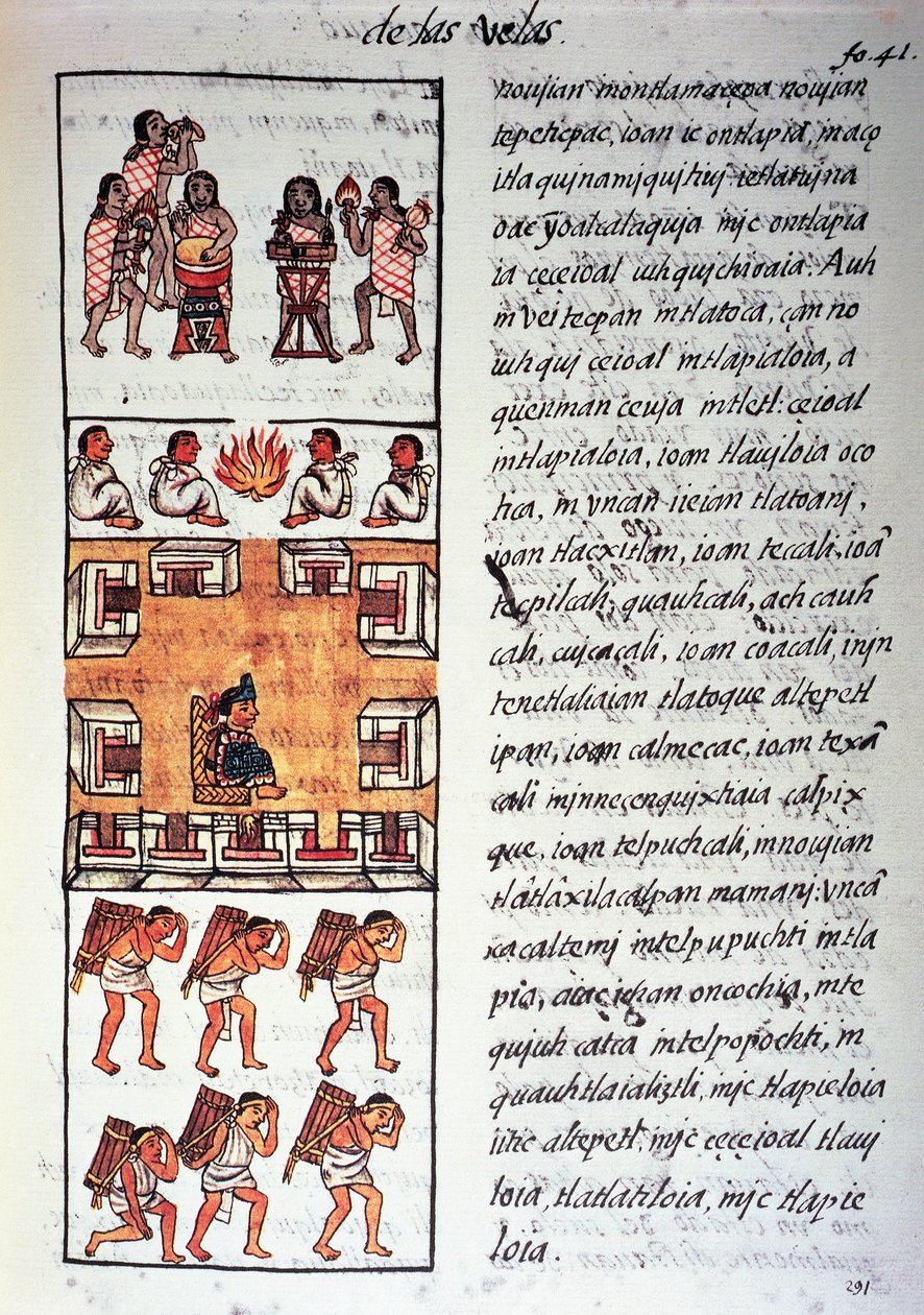 Société aztèque, musiciens, roi et marchands, texte en nahuatl, fac-similé du Codex Florentin - Fra Bernadino da Sahagun