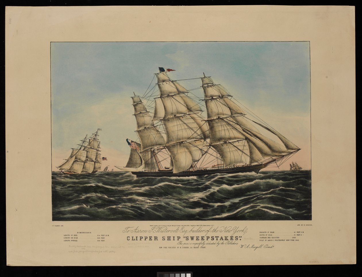 À Aaron J Westervelt Esq. constructeur du clipper de New York Sweepstakes, cette impression est respectueusement dédiée par les éditeurs... - Frances Flora Bond (c.1812 76) (after) Palmer