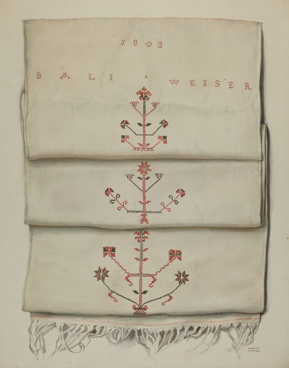 Serviette brodée allemande de Pennsylvanie - Frances Lichten