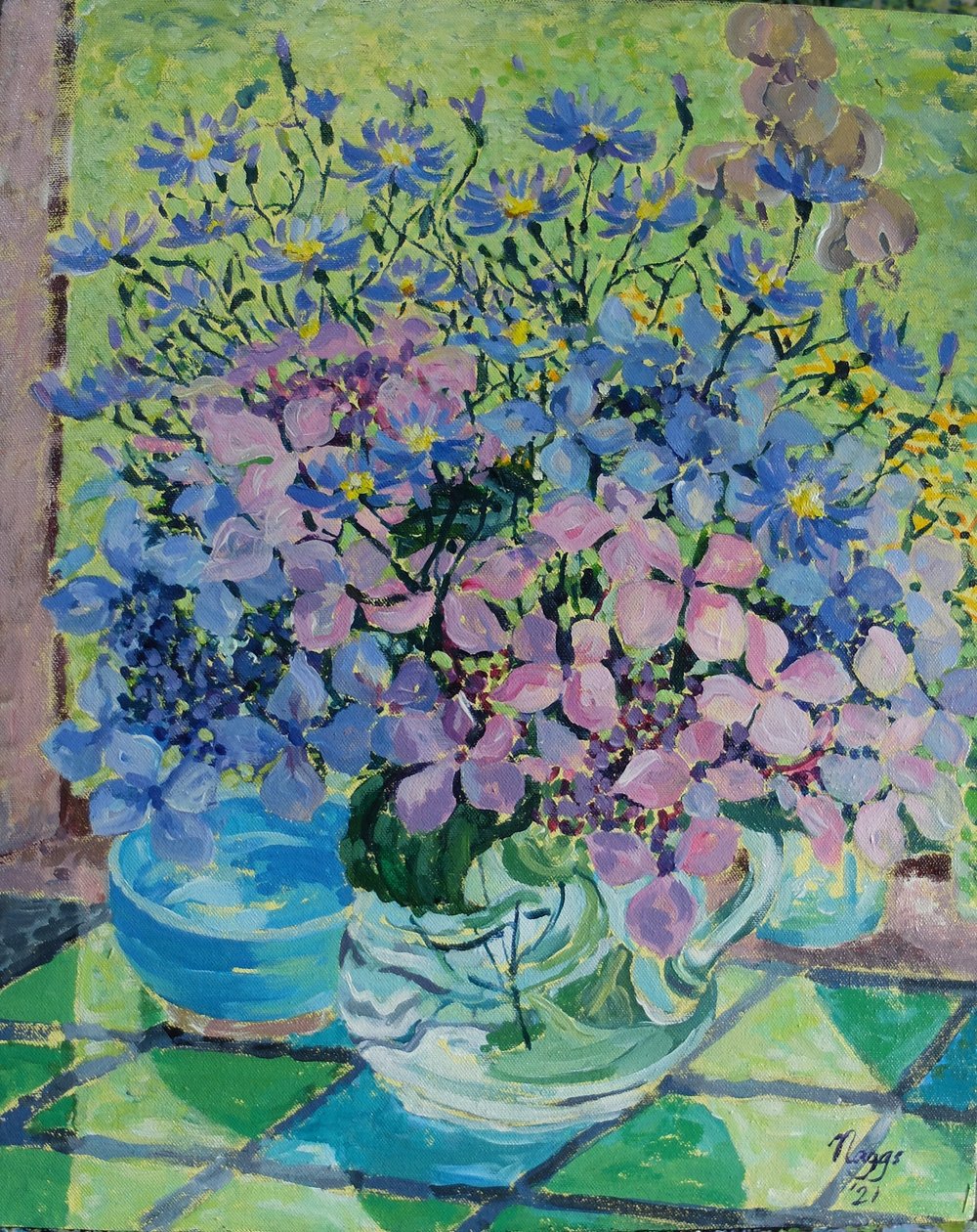 Hortensias et marguerites de Noël, 2021 (acrylique sur toile) - Frances Naggs