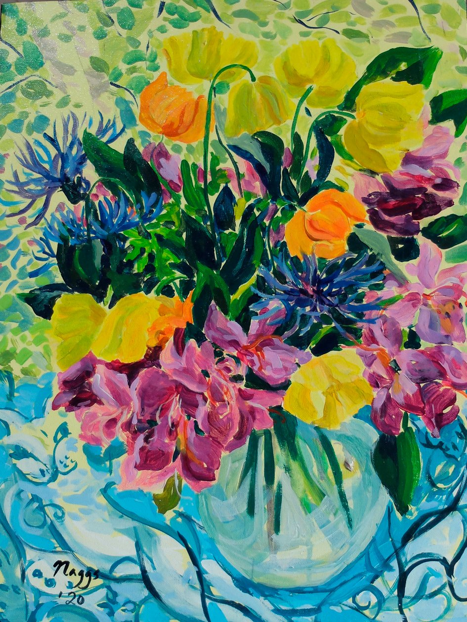 Bouquet de printemps (rhododendrons et pavots gallois), 2020 (acrylique sur toile) - Frances Naggs