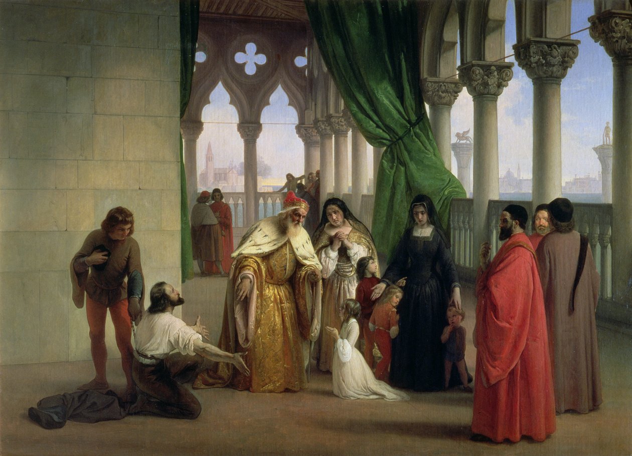 Les Deux Foscari : Francesco Foscari, Doge de Venise (c.1372-1457) bannissant son fils Jacopo pour correspondance traîtresse en exil; sujet du drame poétique de Byron 