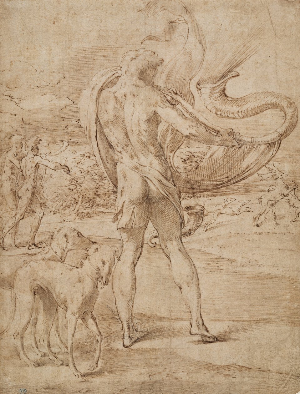 Chasseurs sonnant du cor avec une chasse au cerf au loin - Parmigianino
