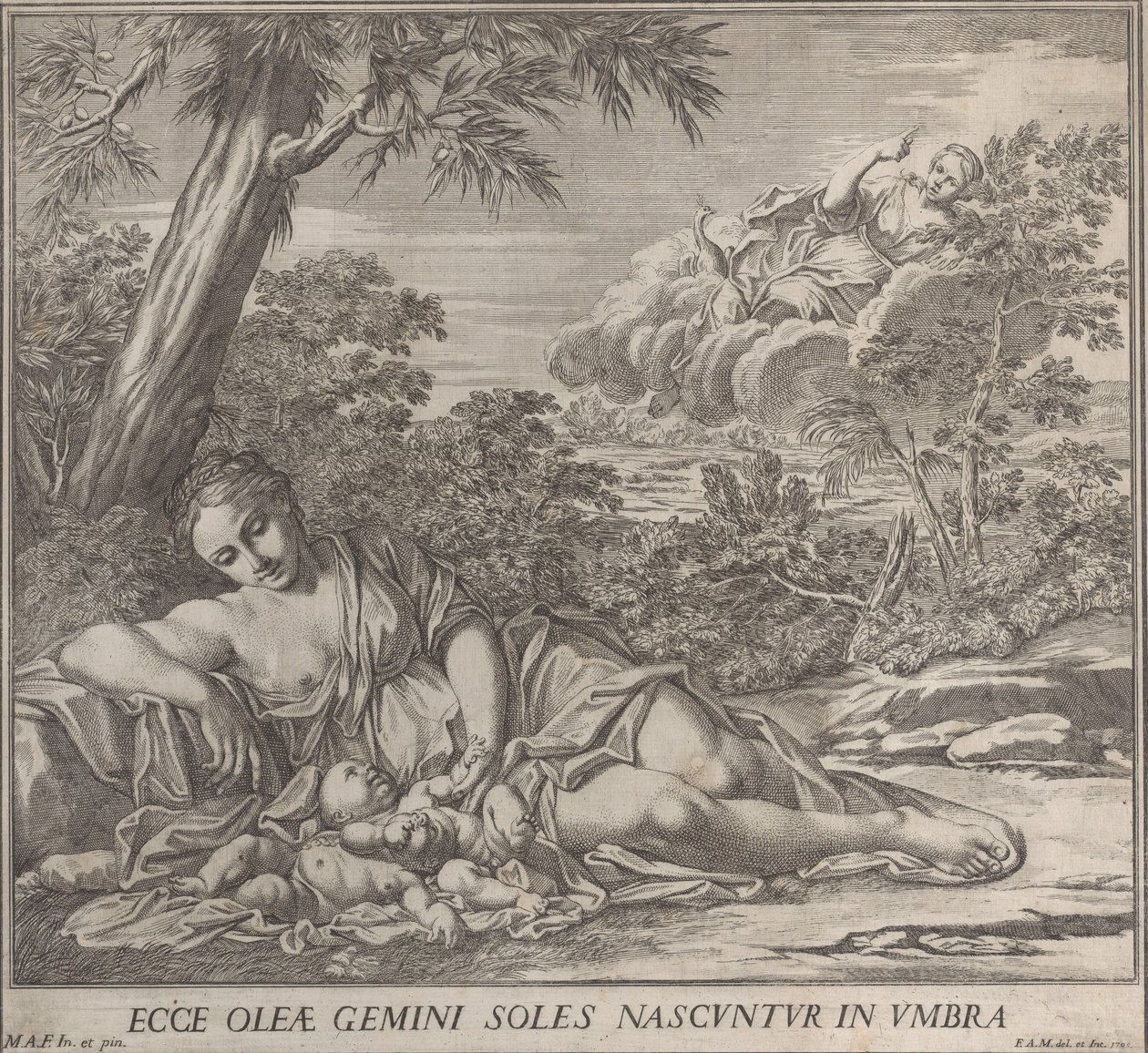 Latone et ses jumeaux endormis, Apollon et Diane, dans un paysage, 1705 - Francesco Antonio Meloni
