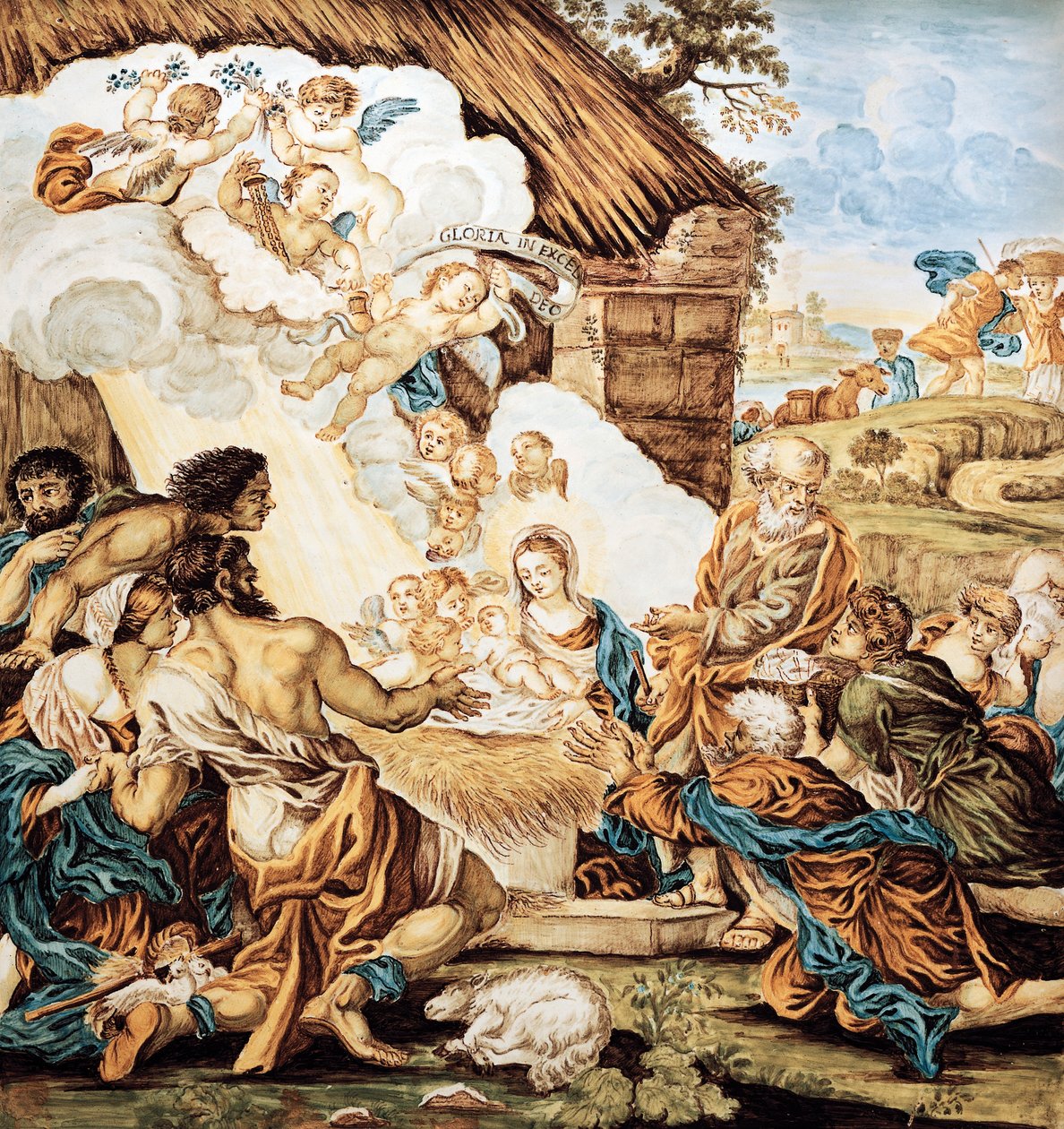 Crèche, assiette en majolique peinte, par Francesco Antonio Xaverio Grue, manufacture d