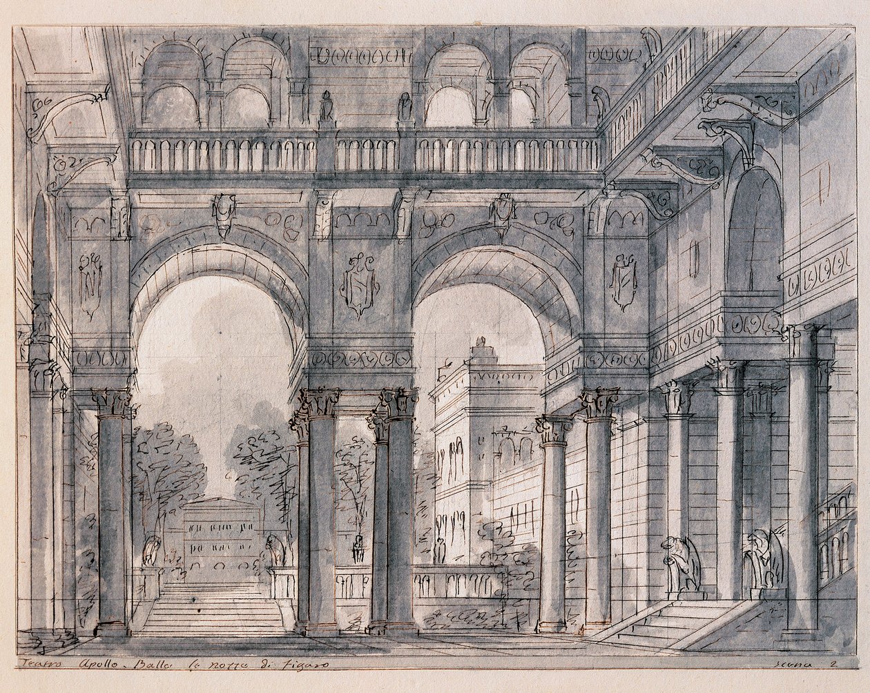 Scénographie pour la deuxième scène des « Noces de Figaro » (Le nozze di Figaro) de Wolfgang Amadeus Mozart (1756-1791) dirigée par le scénographe Francesco Bagnara (1784-1866) 1820-1839 Venise, Museo Correr - Francesco Bagnara