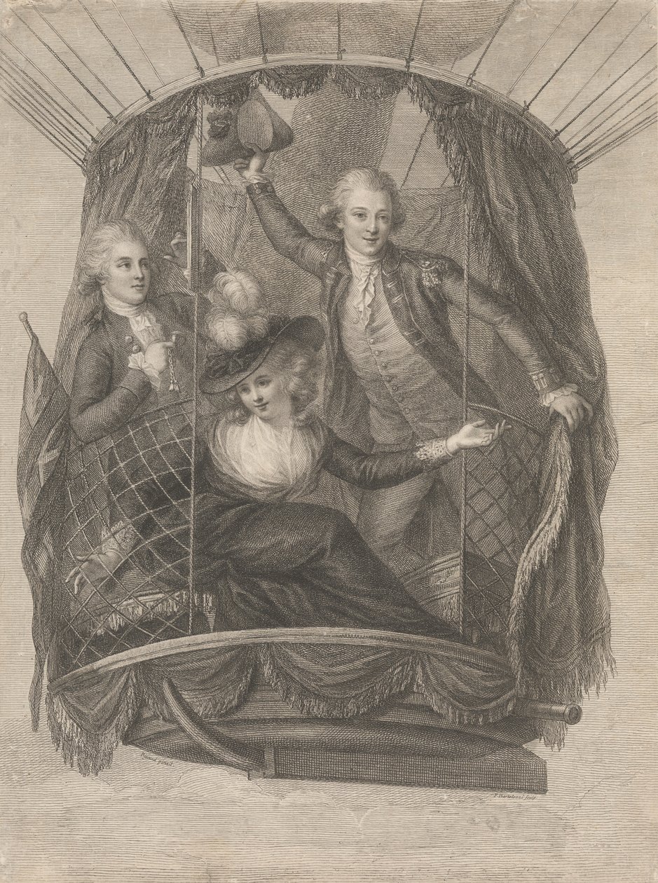 Ascension de Madame Sage, Chevalier Biggin et Capitaine Vincent Lunardi en montgolfière, 20 juin 1785 - Francesco Bartolozzi