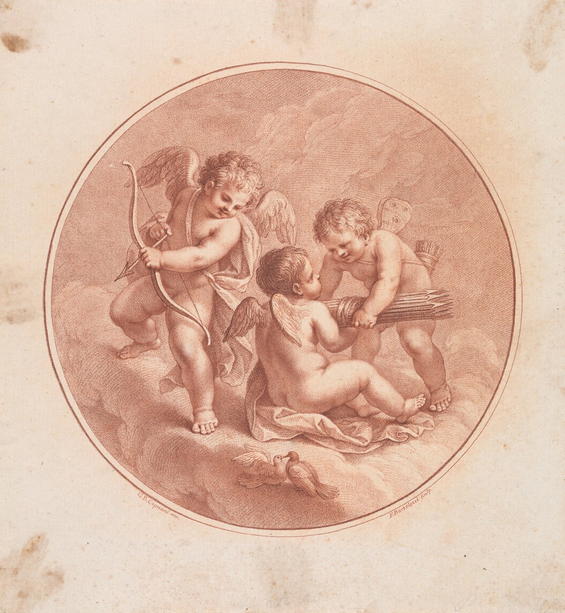Drei Cupidos mit Bögen und Pfeilen und zwei Tauben - Francesco Bartolozzi