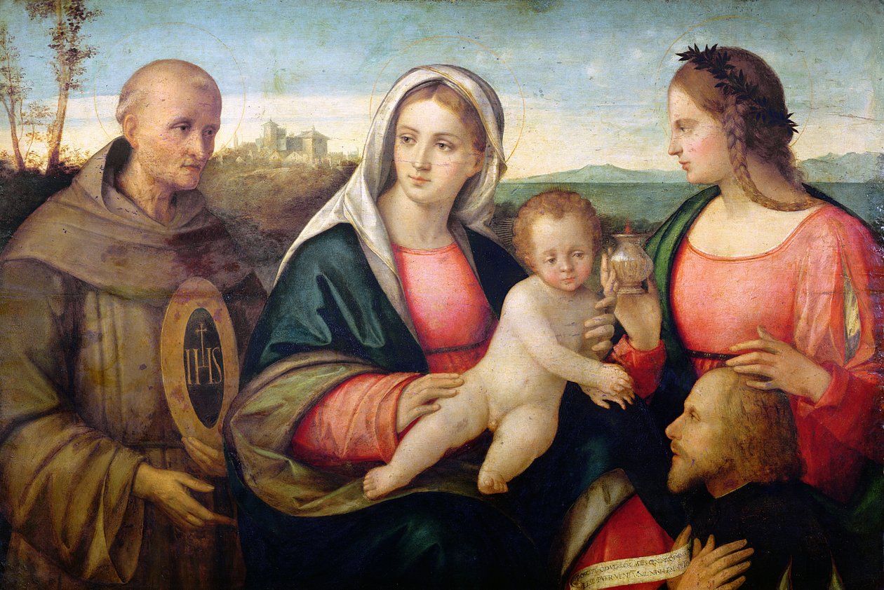 Conversation sacrée : Saint Bernardino et une sainte femme présentant un donateur, vers 1525 (huile sur panneau) - Francesco Bissolo
