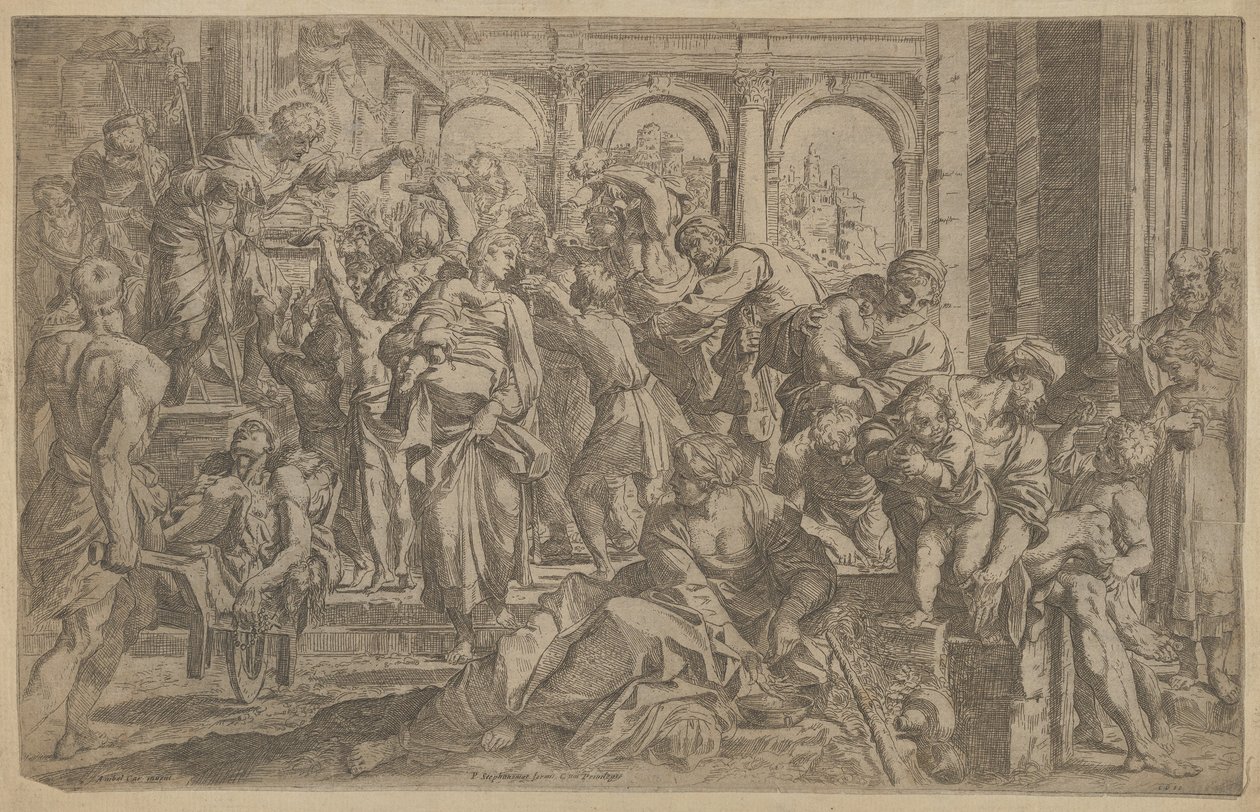 Saint Roch distribuant des aumônes à un groupe de personnes autour de lui, après A..., vers 1607 - Francesco Brizio