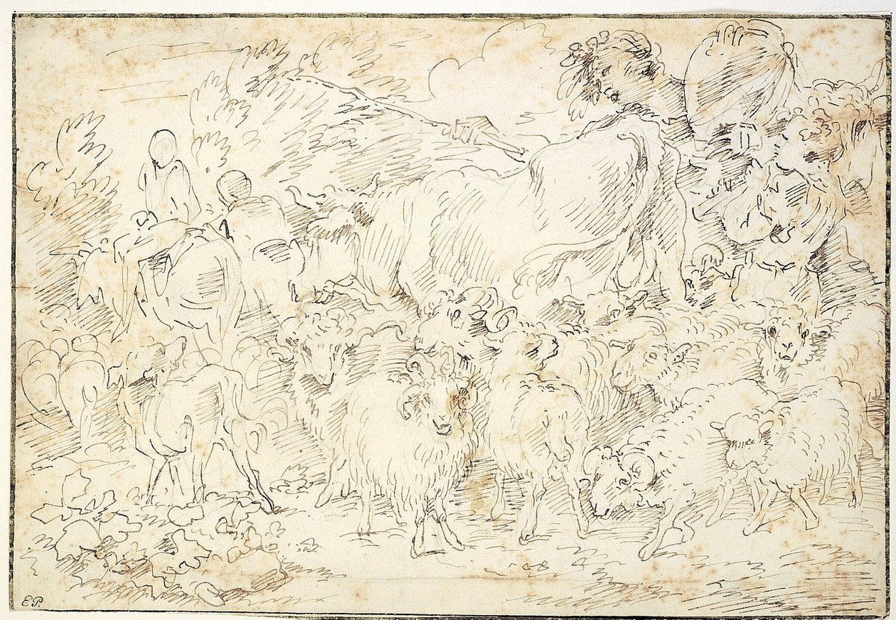 Bergers avec chèvres, moutons, une vache et un chien de berger - Francesco Castiglione