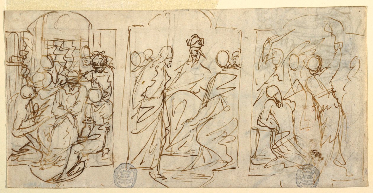 Dessin, Trois étapes de la Passion : La moquerie, Le Christ devant Pilate, La Flagellation, vers 1848 - Francesco Coghetti