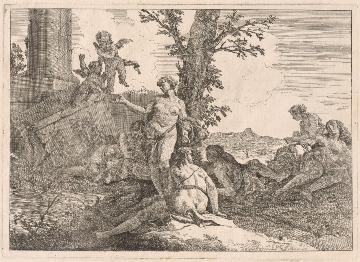 Six nymphes et deux cupidons dans un paysage - Francesco Fontebasso