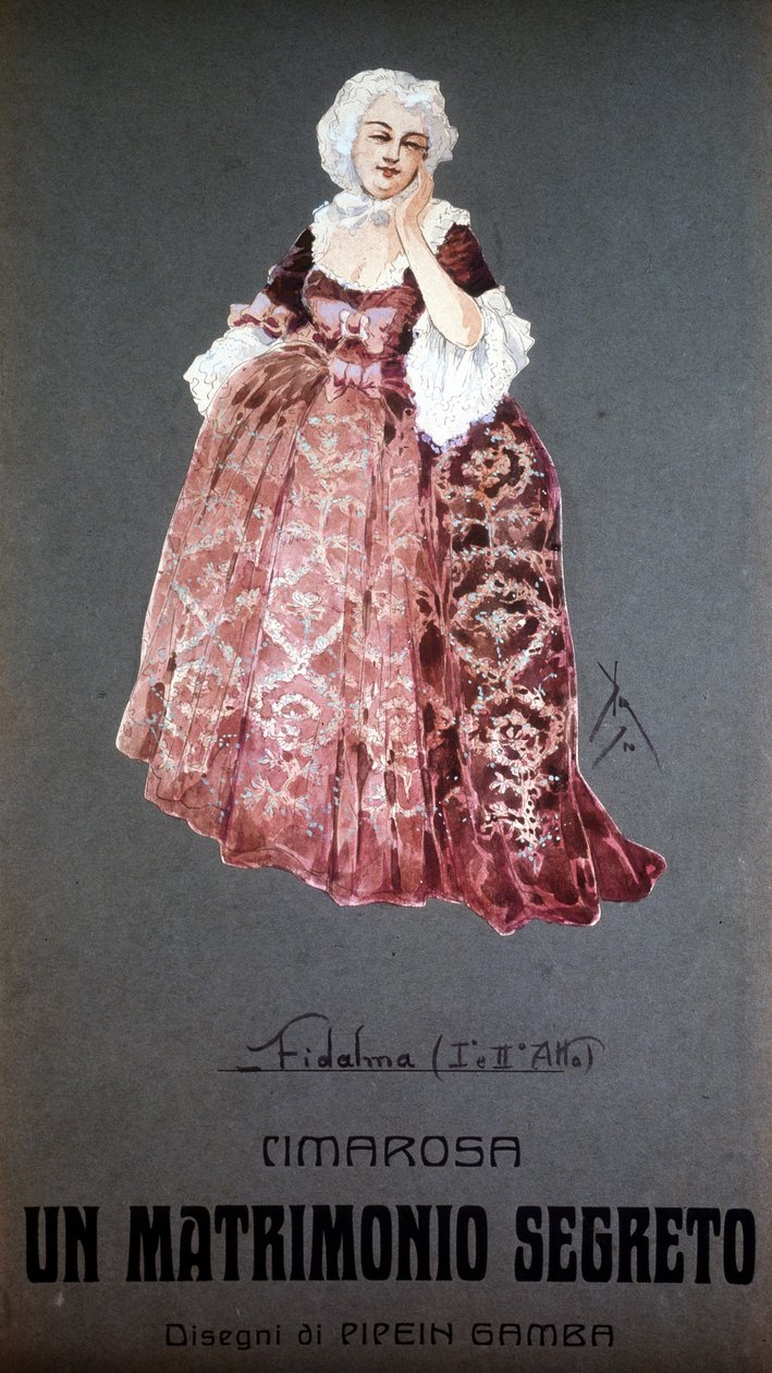 Personnage « Fidalma » dans « Le Mariage secret » (Matrimonio Segreto) de Domenico Cimarosa (1749 - 1801). Costume de F. Gamba - Scala de Milan - Francesco Gamba