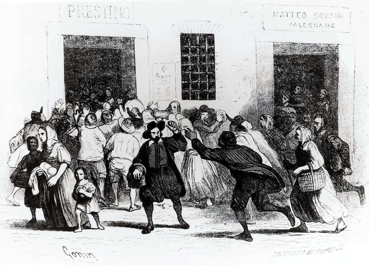 Le pillage de la boulangerie des béquilles, épisode des Fiancés, par Alessandro Manzoni (1785-1873), illustration de Francesco Gonin (1808-1889) édition de 1840 - Francesco Gonin