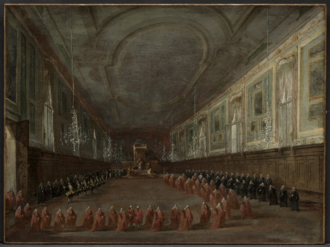 Le pape Pie VI descendant du trône pour prendre congé du doge dans la salle..., vers 1783 - Francesco Guardi