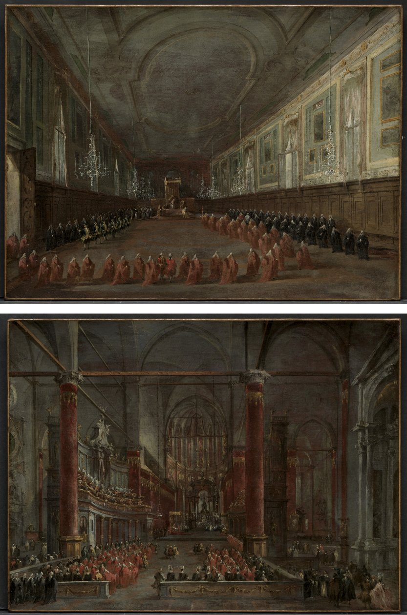 Le pape Pie VI descendant du trône pour prendre congé du doge dans la salle des SS. Giovanni e Paolo, 1782 et cérémonie pontificale dans SS. Giovanni e Paolo, Venise, 1782 (paire) - Francesco Guardi