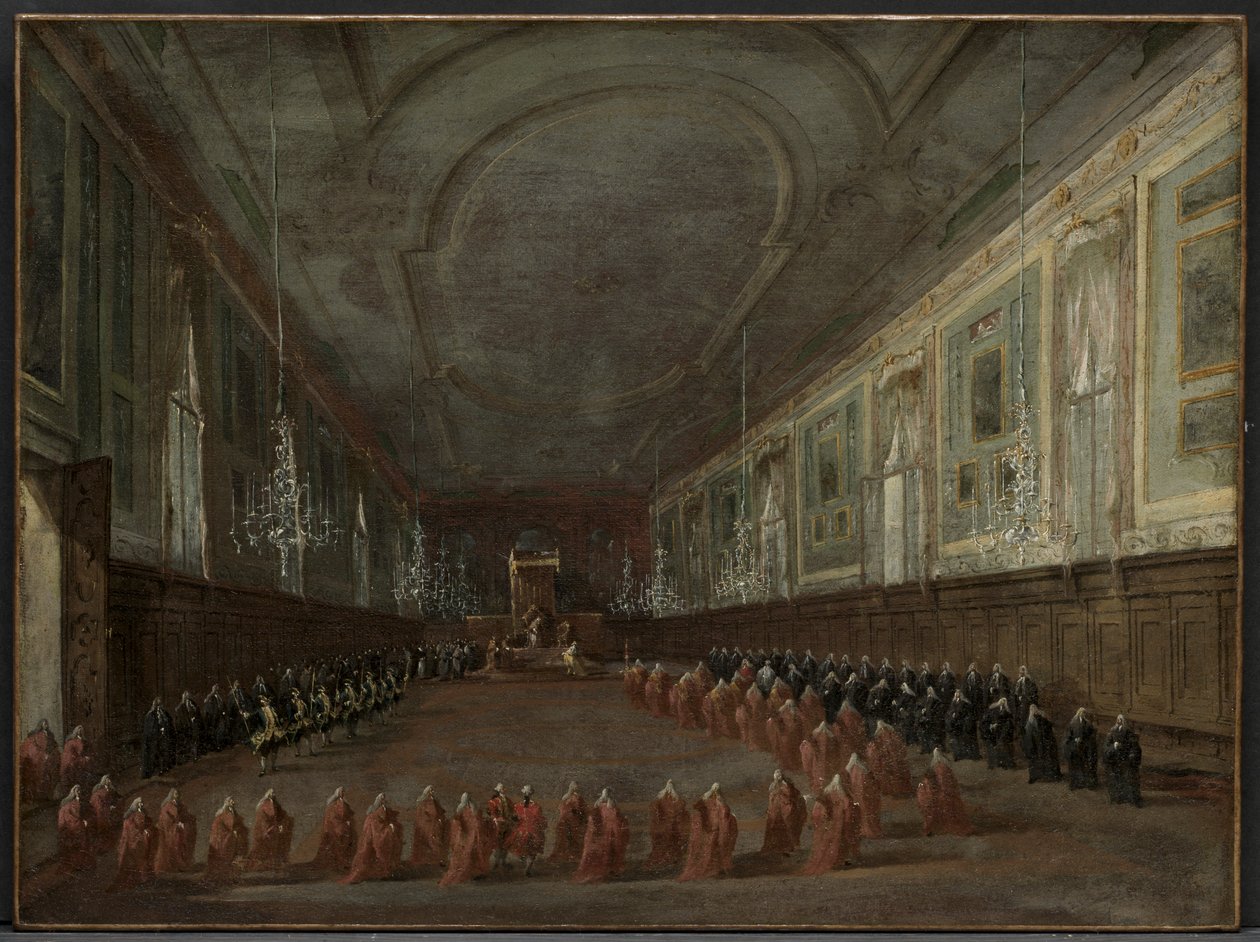 Le pape Pie VI descendant du trône pour prendre congé du doge dans la salle des SS. Giovanni e Paolo, 1782 - Francesco Guardi