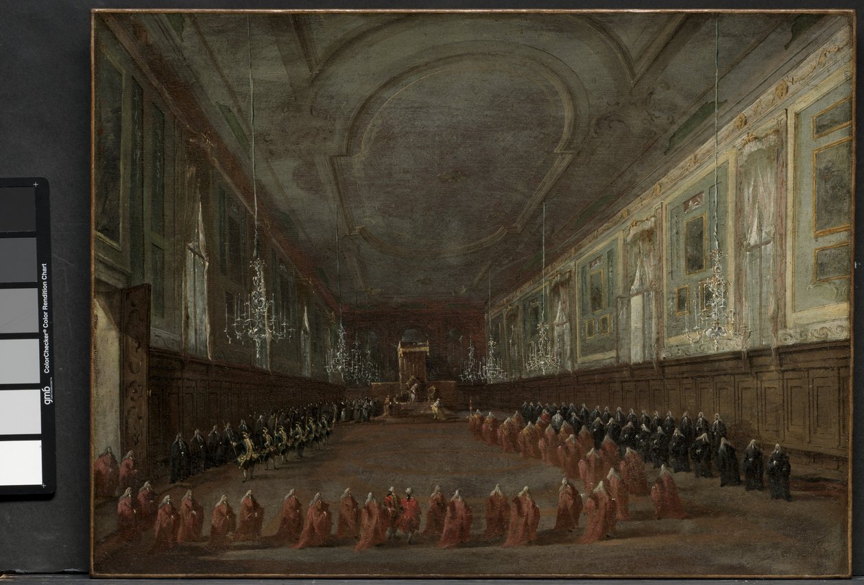 Le pape Pie VI descendant du trône pour prendre congé du doge dans la salle des SS. Giovanni e Paolo, 1782 et cérémonie pontificale dans les SS. Giovanni e Paolo, Venise, 1782, vers 1783 - Francesco Guardi