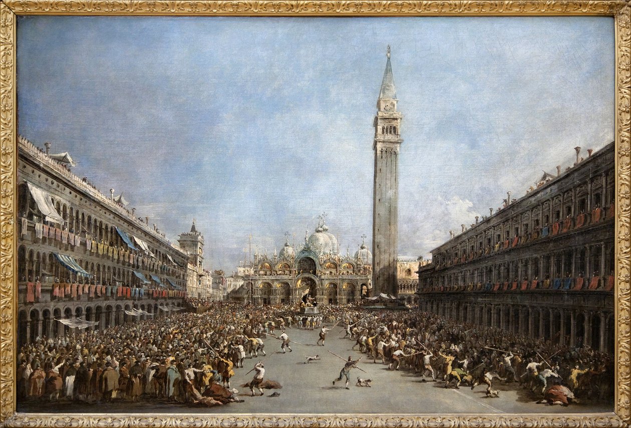 Le Doge de Venise porté par les gondoliers après son élection sur la place Saint-Marc (San Marco) (vue de la Basilique Saint-Marc et du clocher) - Francesco Guardi