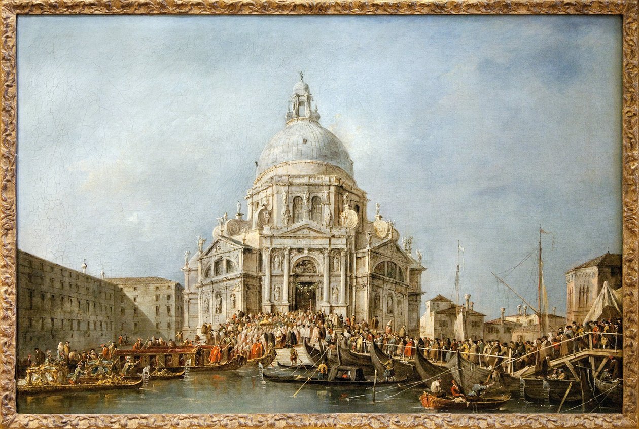 Le Doge de Venise se rend à la Salute de Venise, Chaque année le 21 novembre, le Doge se rendait à la Basilique de Santa Maria della Salute, édifiée en remerciement pour la fin de la peste de 1630, afin de remercier la Vierge pour cette délivrance, un pont - Francesco Guardi