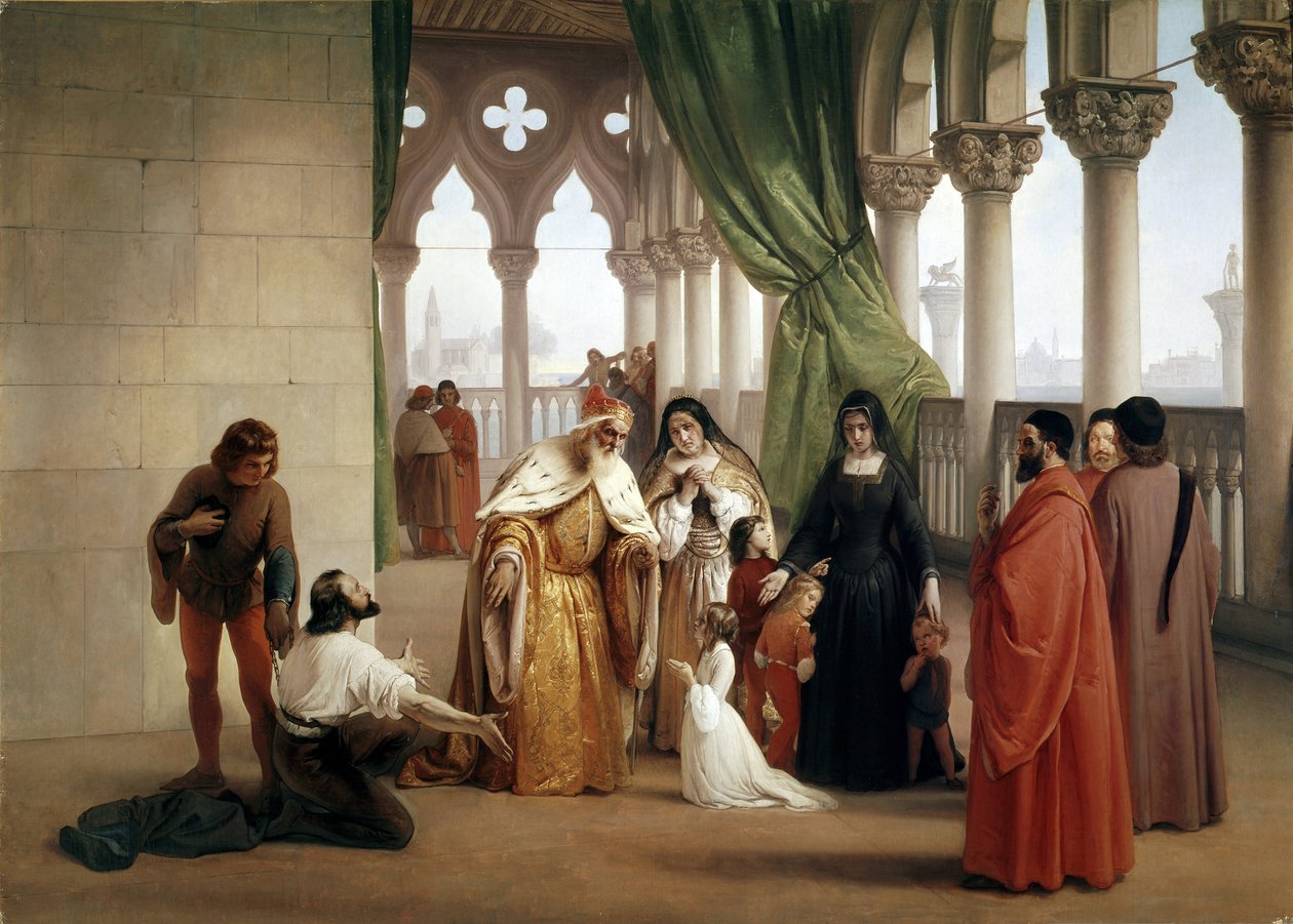 Les Deux Foscari : Francesco Foscari, Doge de Venise bannissant son fils Jacopo pour correspondance traîtresse en exil - Francesco Hayez