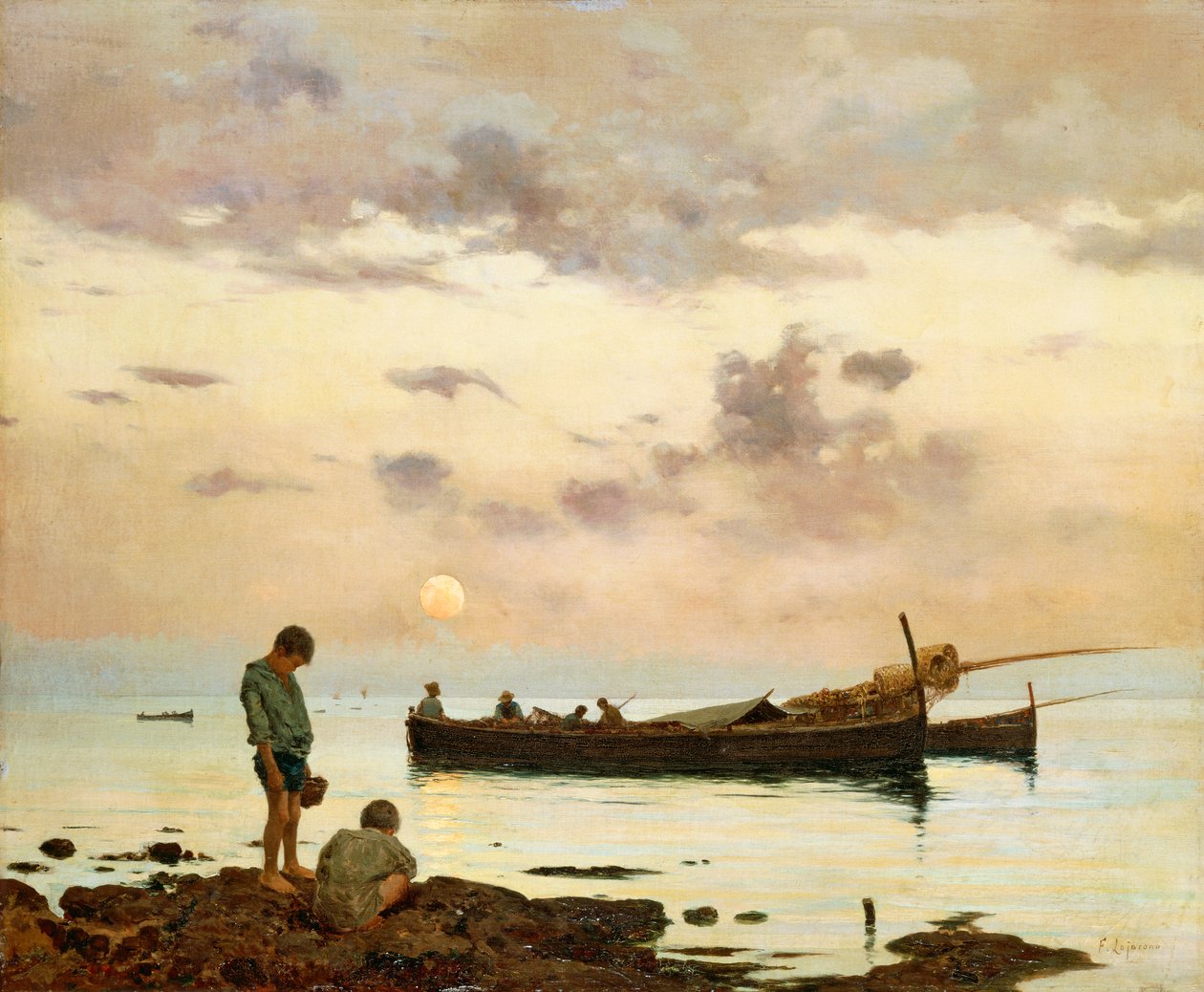 Marina avec bateau de pêche et garçons, par Francesco Lojacono - Francesco Lojacono