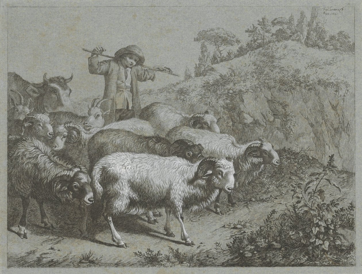 Berger avec béliers, chèvres et vache (Scènes pastorales) - Francesco Londonio