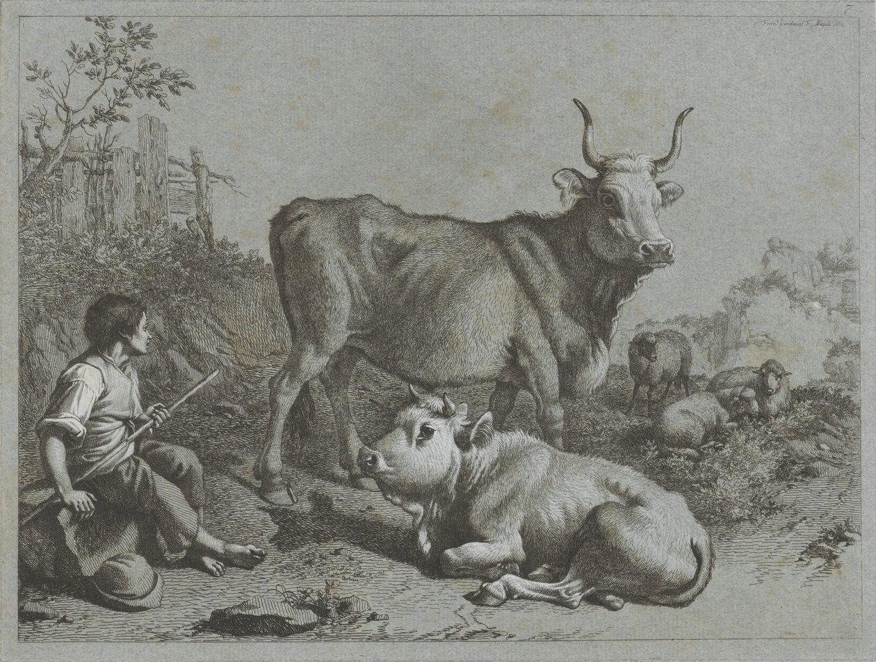 Jeune berger avec deux bœufs et trois moutons
Scènes pastorales (titre de la série) - Francesco Londonio