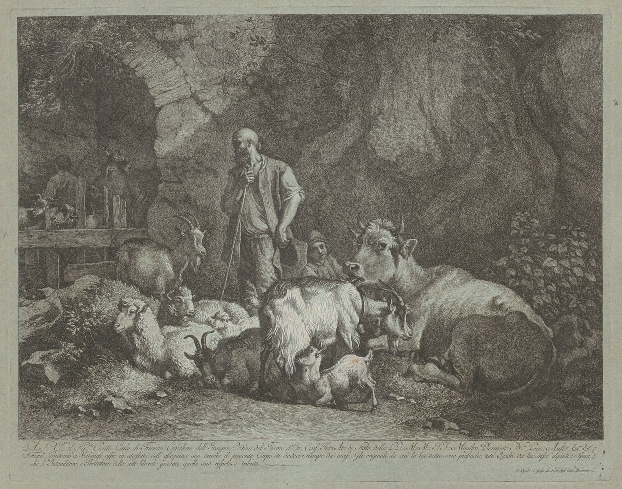 Vieux berger chauve, garçon berger assis et troupeau - Francesco Londonio