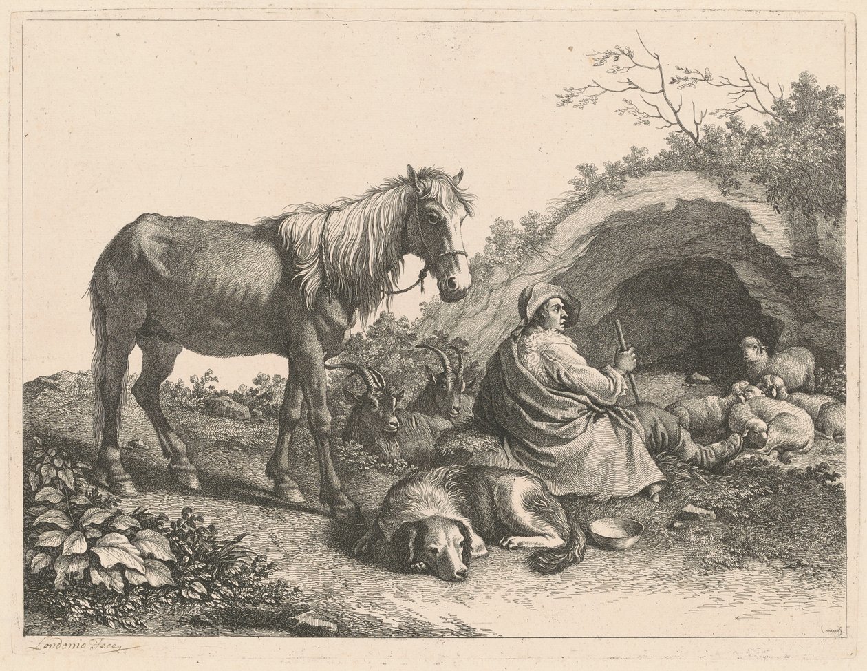 Berger assis avec cheval, chien, chèvres et moutons - Francesco Londonio