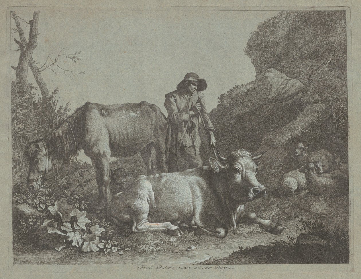 Berger se reposant sur un bâton de marche avec un vieux cheval et un taureau allongé, après 1767 - Francesco Londonio