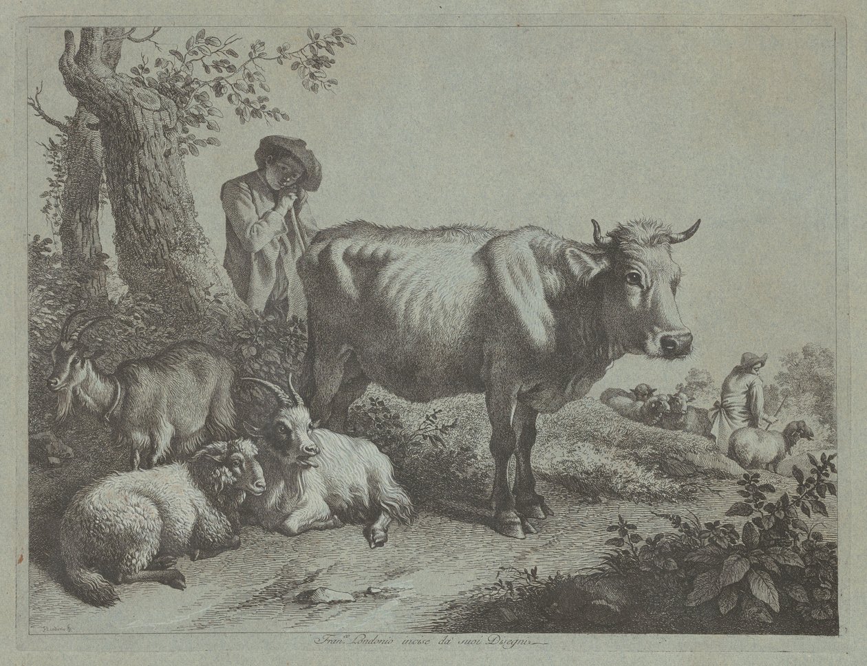 Vache debout et un berger avec son troupeau - Francesco Londonio
