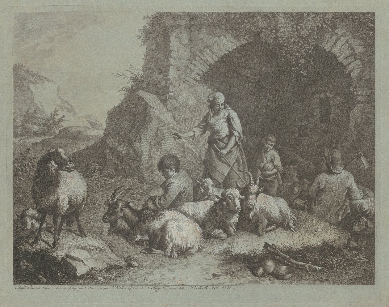 Femme, bergers et moutons près d