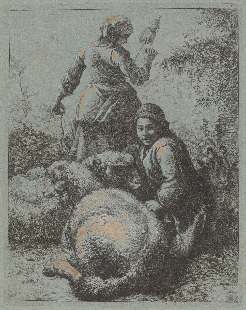 Femme fileuse et un berger avec troupeau - Francesco Londonio