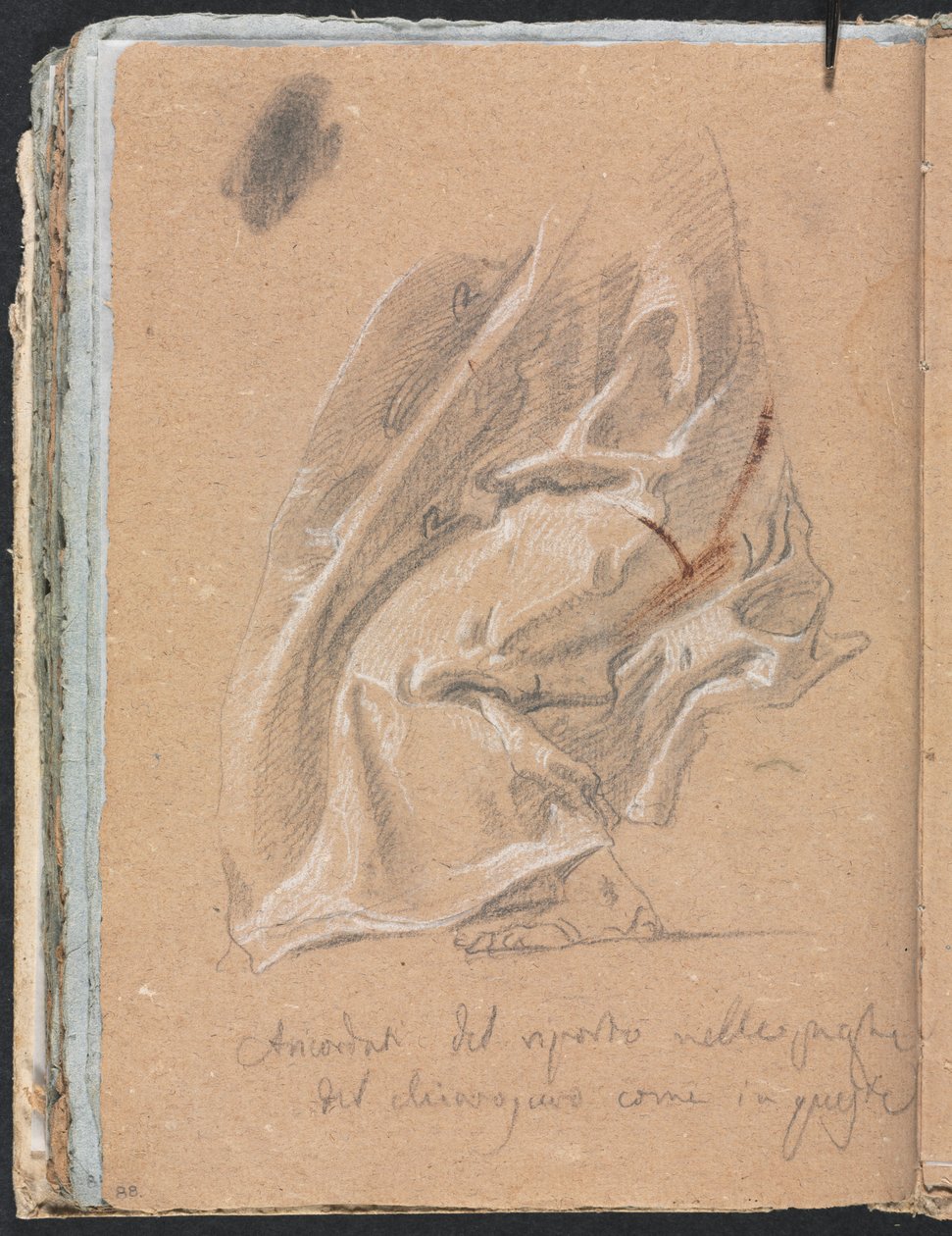 Carnet de croquis de Vérone : Étude de draperie avec pied et inscription page 88, 1760 - Francesco Lorenzi