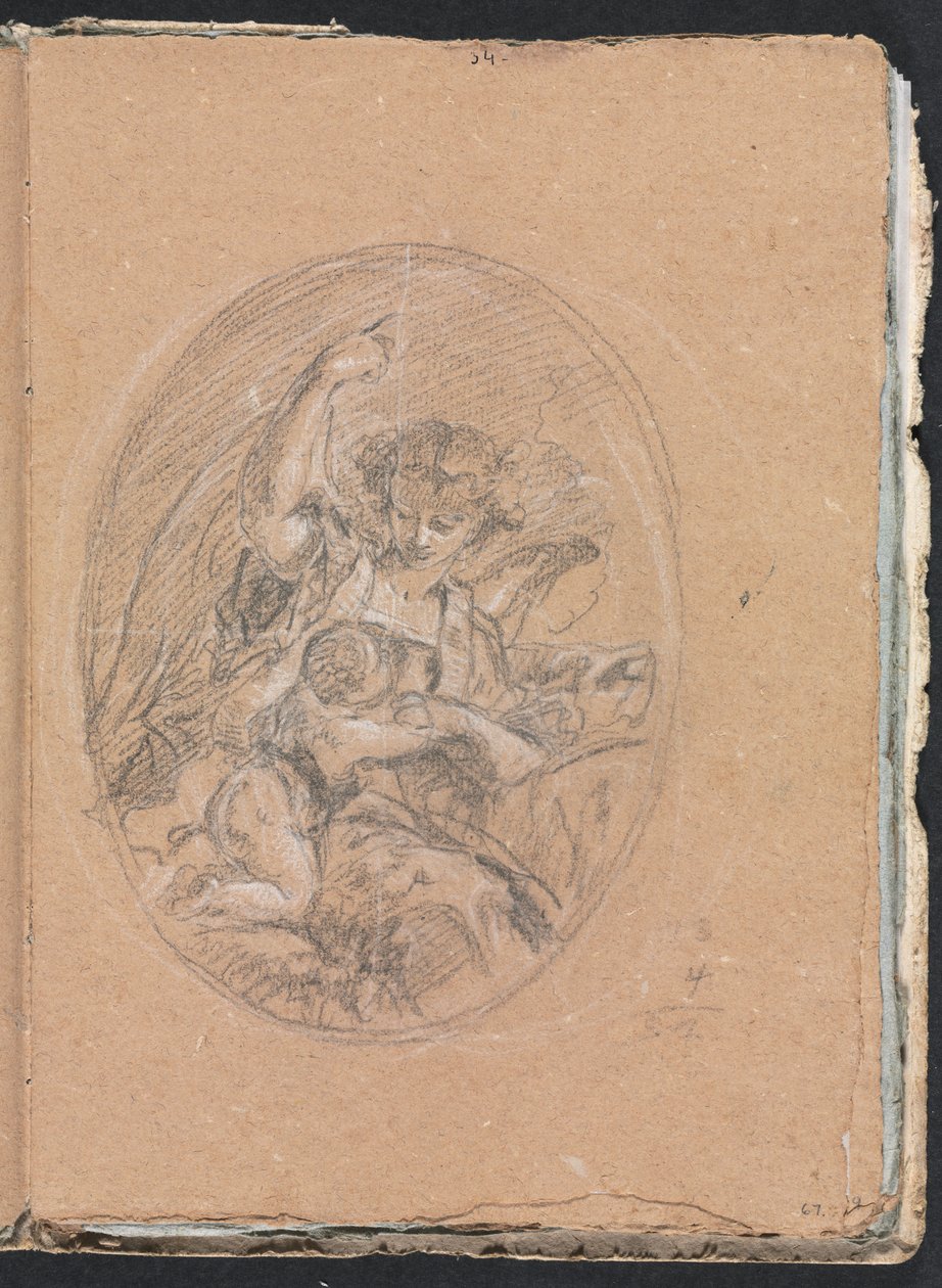 Carnet de croquis de Vérone : Figure avec enfant dans un médaillon, page 67, 1760 - Francesco Lorenzi