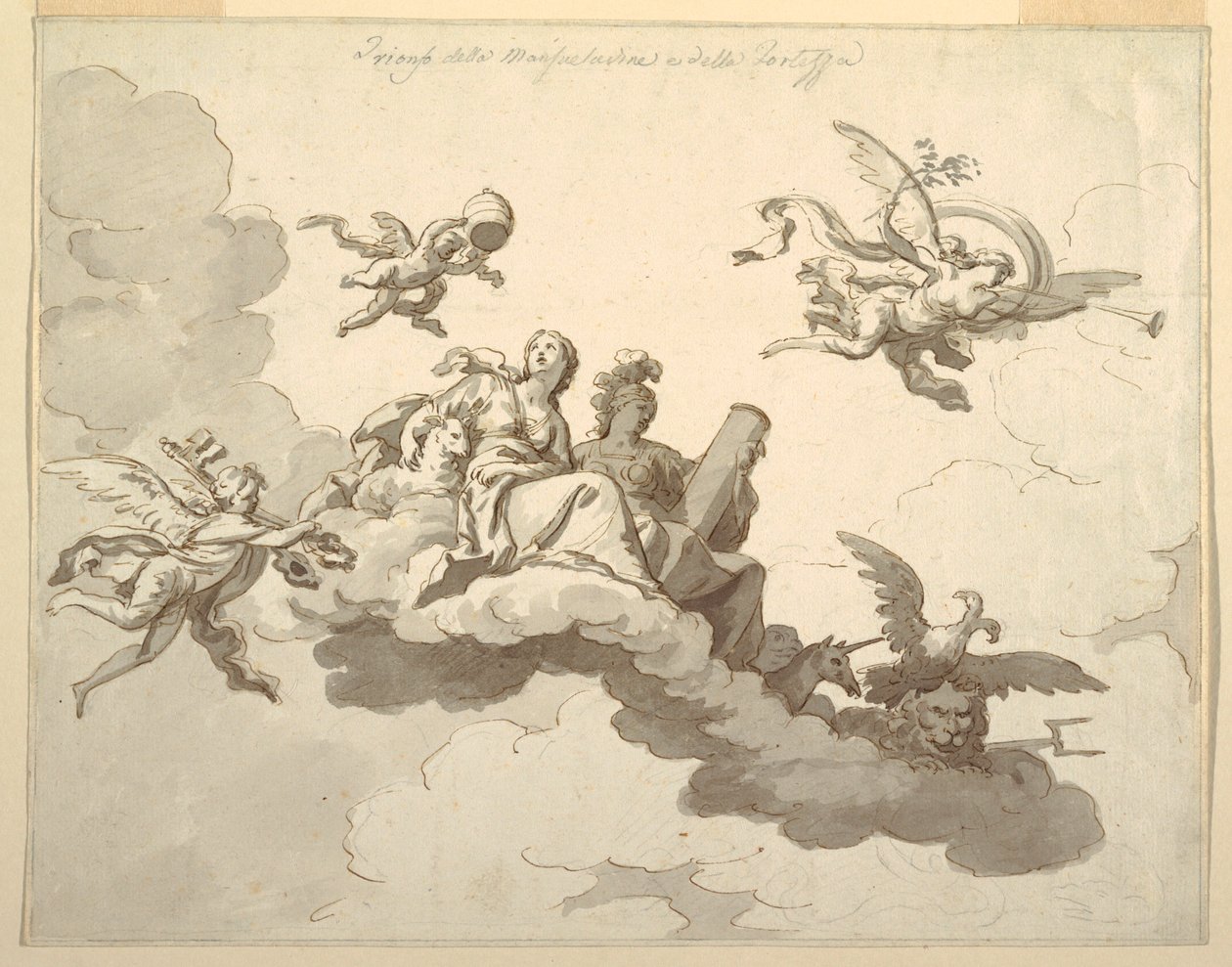 Dessin, projet de plafond peint : Triomphe de la douceur et de la force, vers 1780 - Francesco Manno