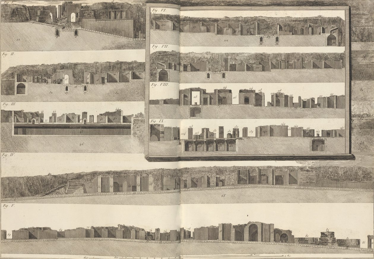 Sections transversales, montrant les différents aspects des bâtiments montrés dans le plan de Pompéi..., 1804 - Francesco Piranesi