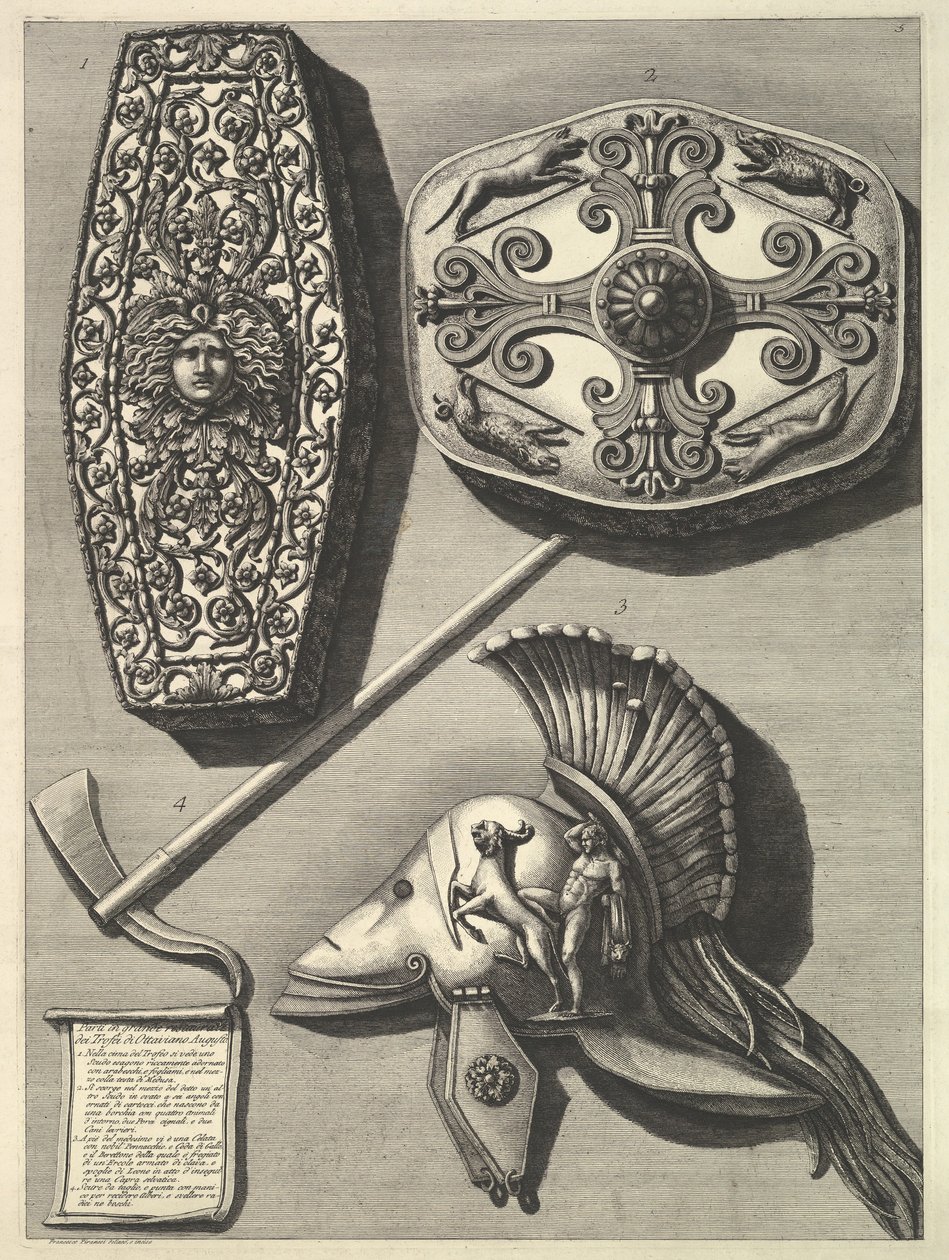 Parti en grande restaurati de Trofei de Ottaviano Augusto Détail restauré des Tro..., vers 1753 - Francesco Piranesi
