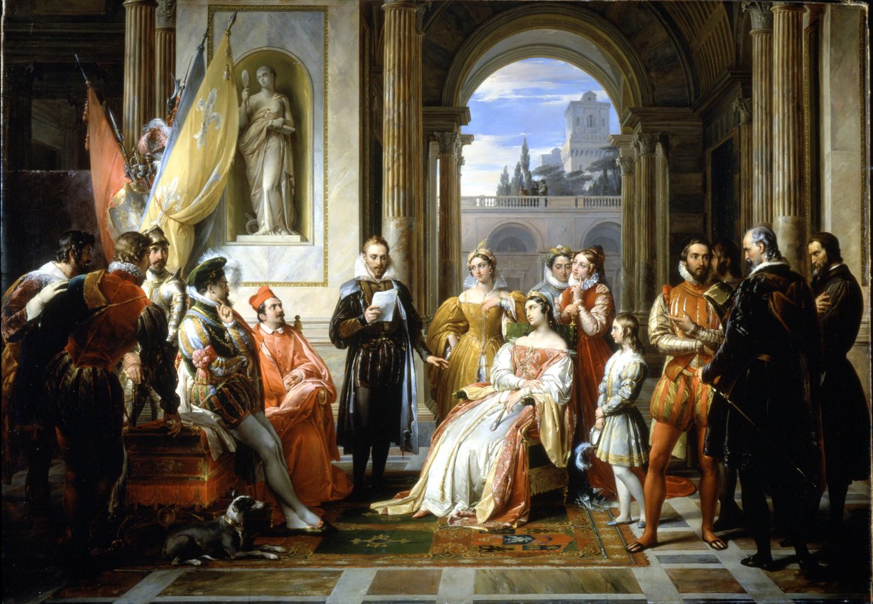 Torquato Tasso (Le Muche) lisant sa Jérusalem délivrée (La Gerusalemme Liberata) à la cour de Ferrare. Peinture de Francesco Podesti (1800-1895) - Francesco Podesti