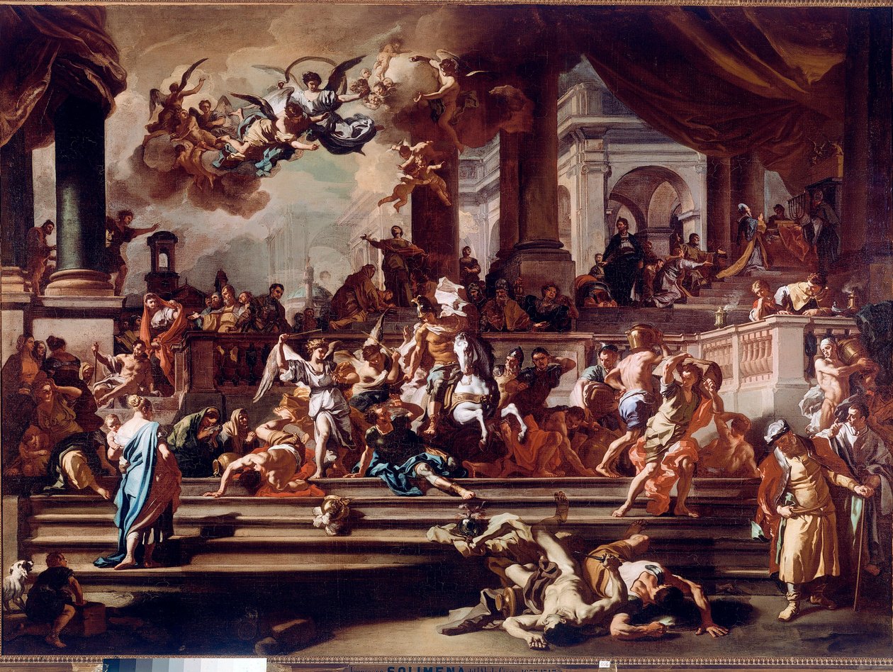 Héliodore chassé du temple par les anges. Peinture de Francesco Solimena dit l
