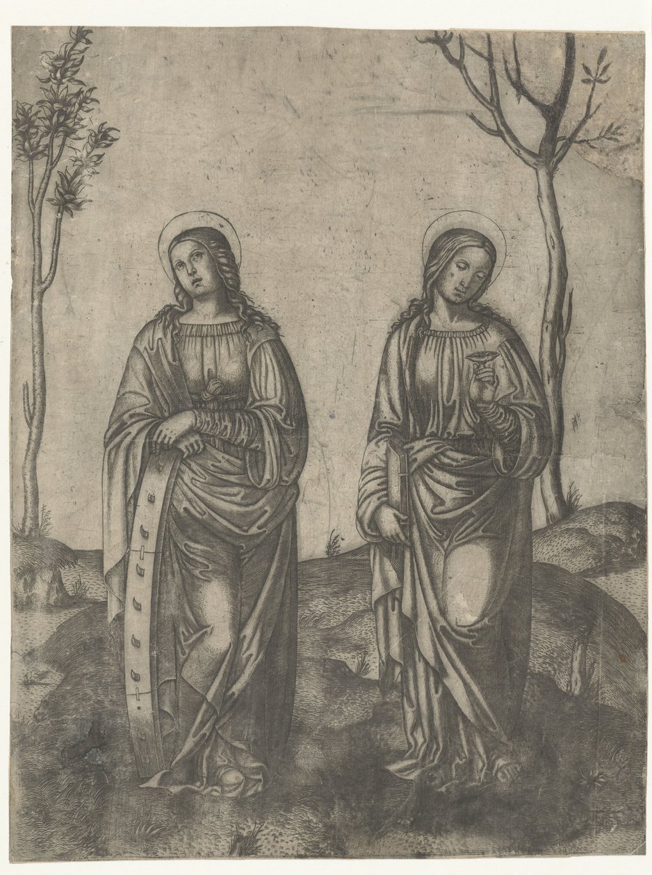 Sainte Catherine avec roue brisée et Lucie avec yeux sur un plateau - Francesco di Francia (attributed to)