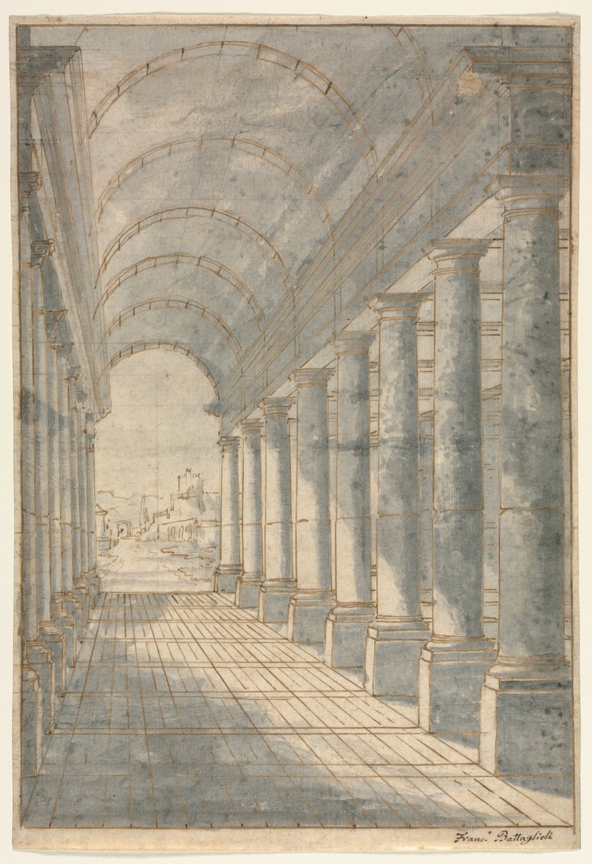 Arcade voûtée en berceau rendue en perspective, 1700s - Francessco Battaglioli