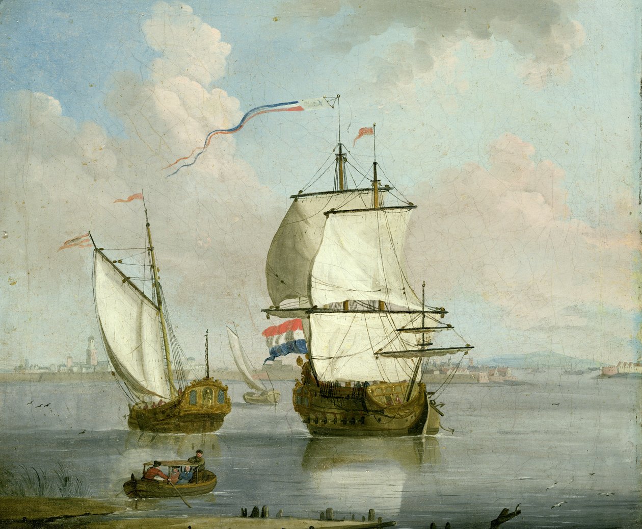 Un homme des Indes orientales néerlandaises et un yacht royal dans un estuaire avec une ville au-delà - Francis Swaine